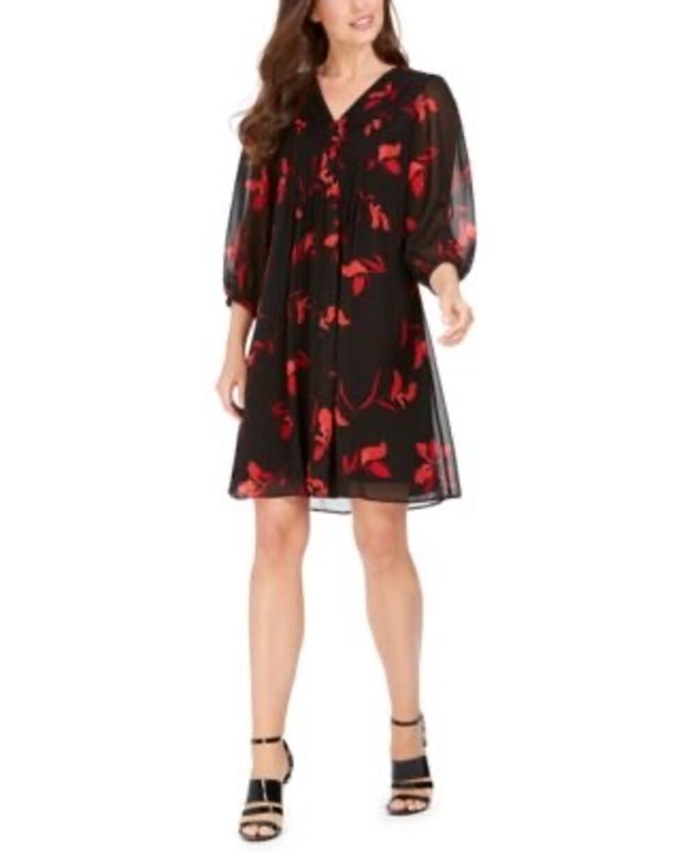 Ann Taylor Rlack Red Floral Short Sleeve Shift Dress Size 12